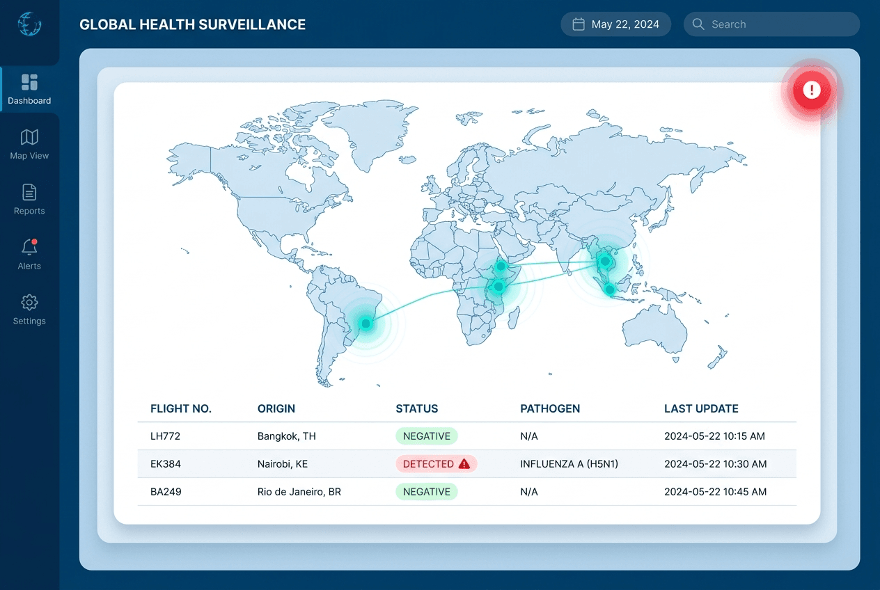 Health surveillance dashboard showing flight origin data