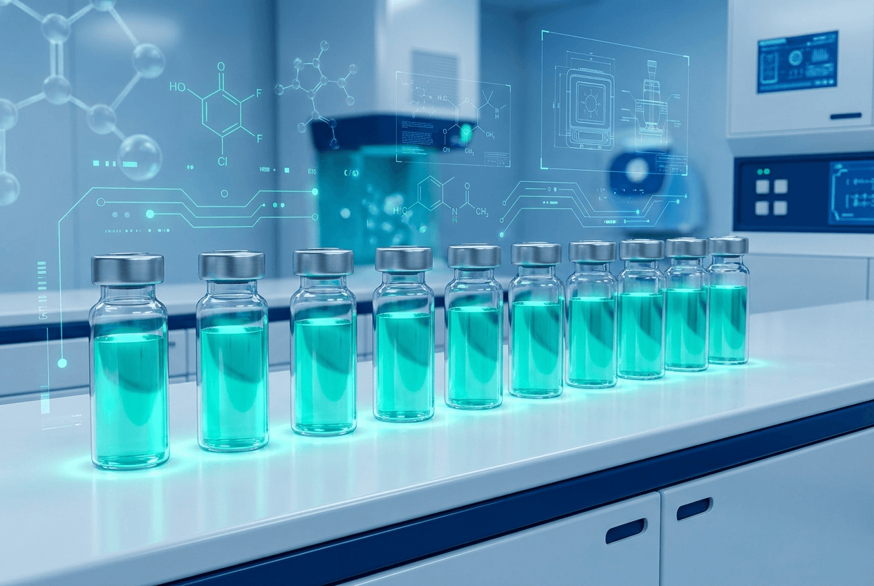 High-tech laboratory with vials and analysis equipment